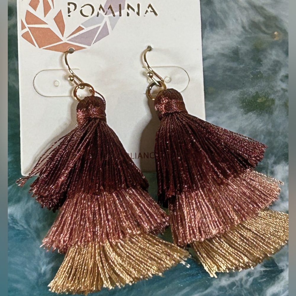 Pomina Elegant Burgundy and Gold Tassel Earrings